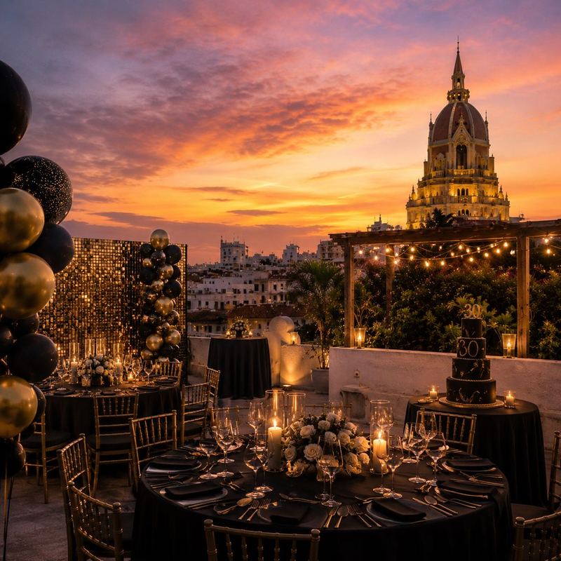 Montaje de evento en negro y dorado con mesas y velas en el rooftop Sunset Pombo al atardecer, Cartagena