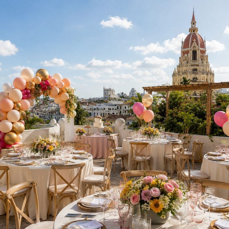 Celebración diurna con globos de colores y mesas florales en el rooftop Sunset Pombo, Cartagena