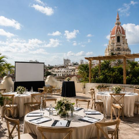 Evento corporativo con pantalla de proyección y mesas redondas en el rooftop Sunset Pombo de Cartagena