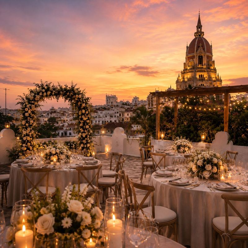 Recepción de boda con velas y flores blancas frente a la Catedral de Cartagena al atardecer